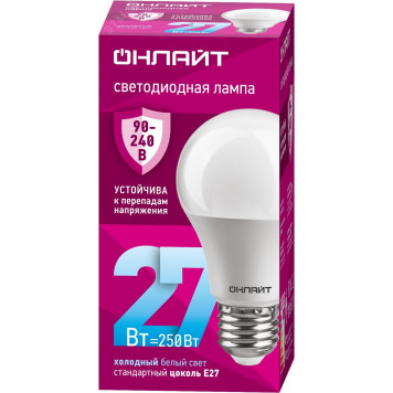 Лампа светодиодная ОНЛАЙТ 90408 27W OLL-А60-27-230-6,5К-Е27-0